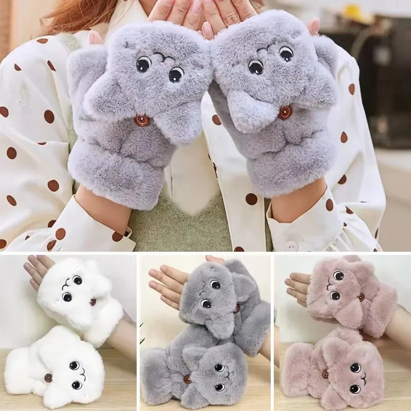 Plush Animal Fingerless Winter Gloves