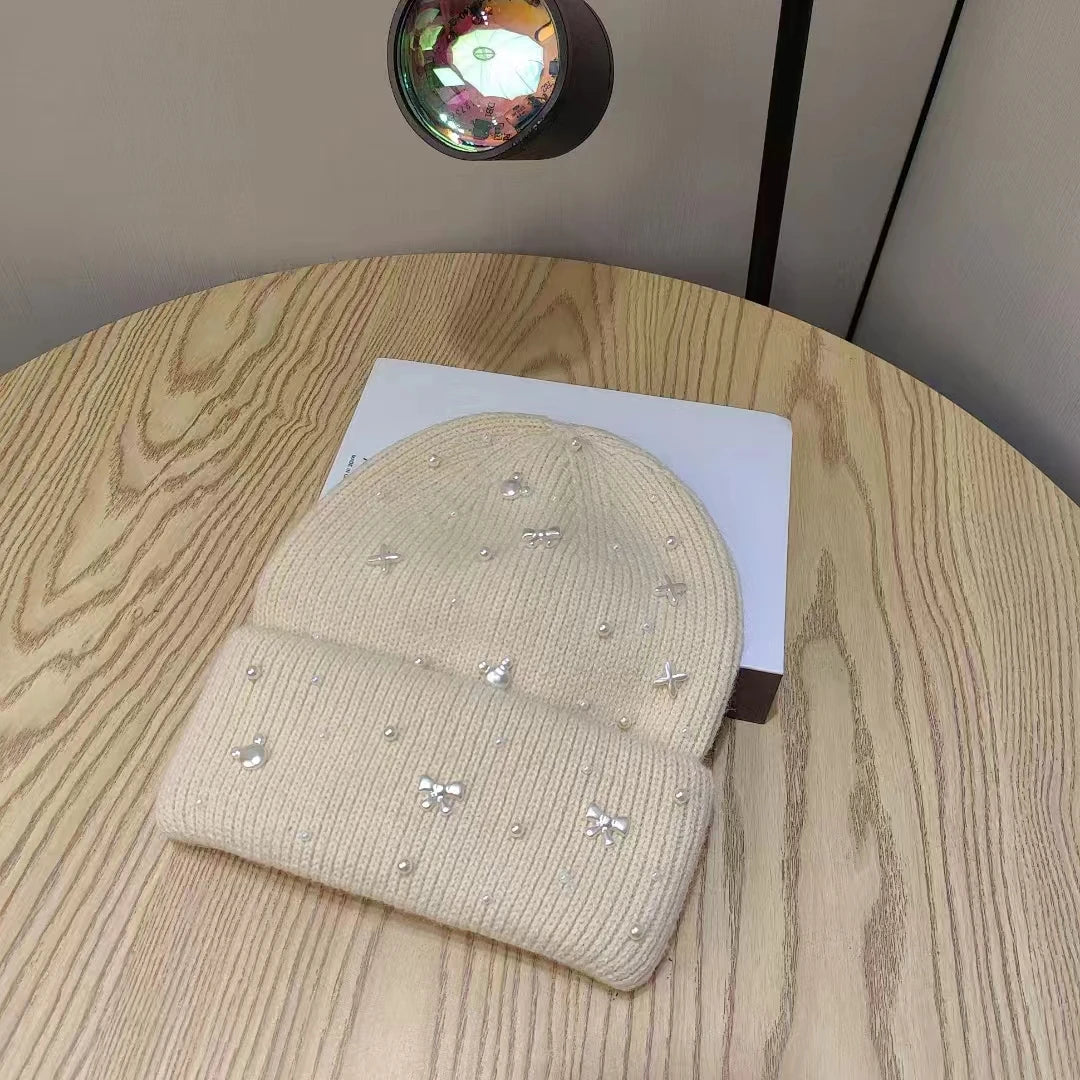 Pearl Accent Knit Winter Beanie Hat