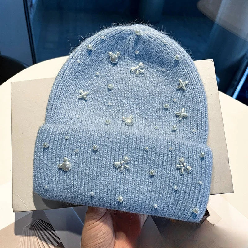 Pearl Accent Knit Winter Beanie Hat