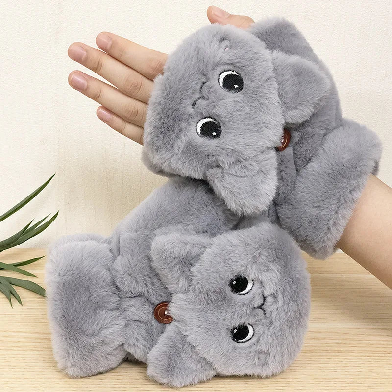 Plush Animal Fingerless Winter Gloves