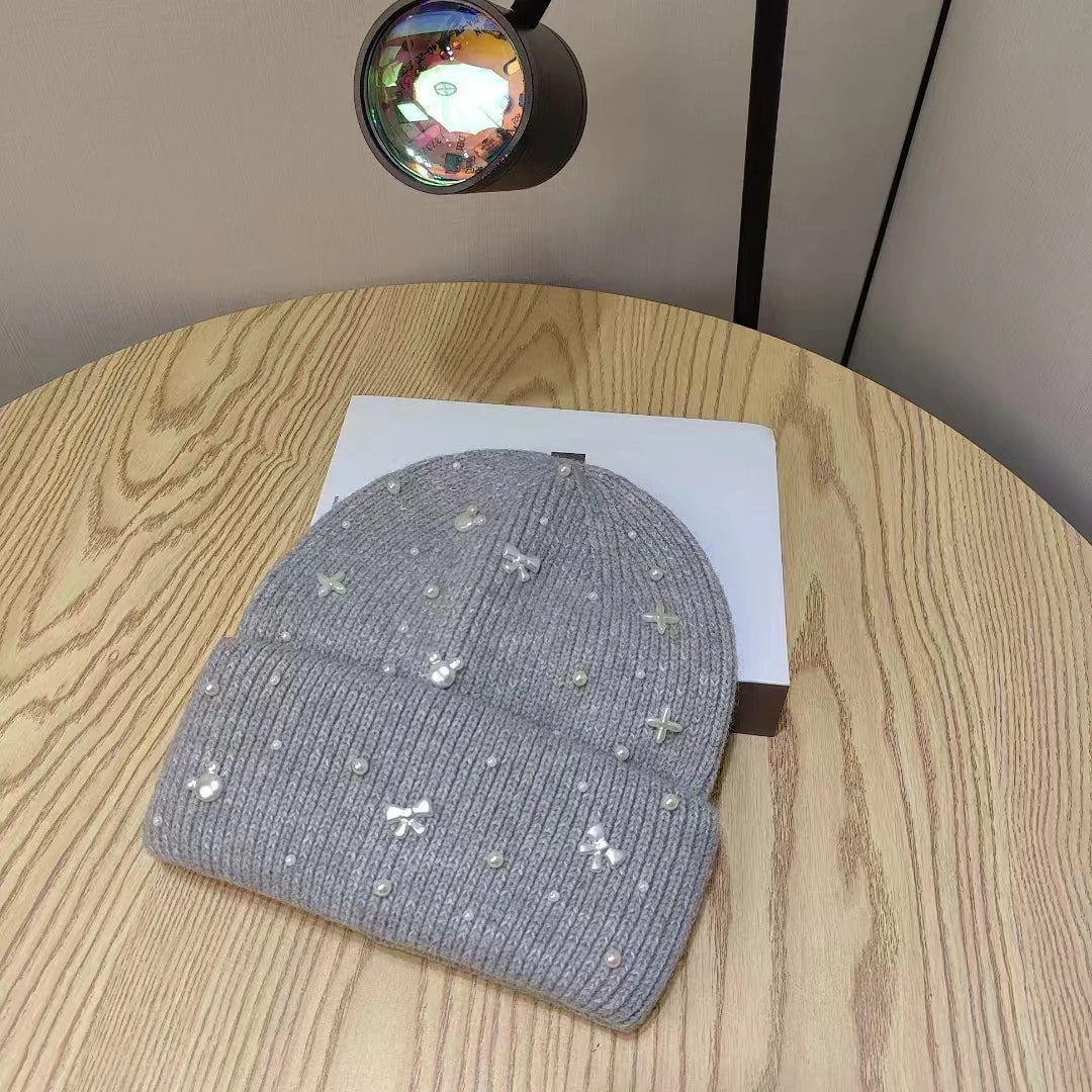 Pearl Accent Knit Winter Beanie Hat