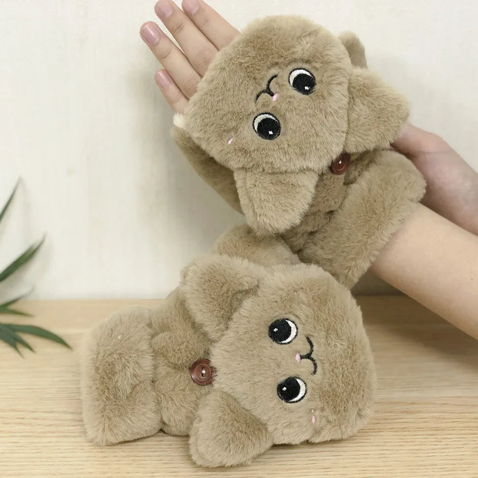 Plush Animal Fingerless Winter Gloves
