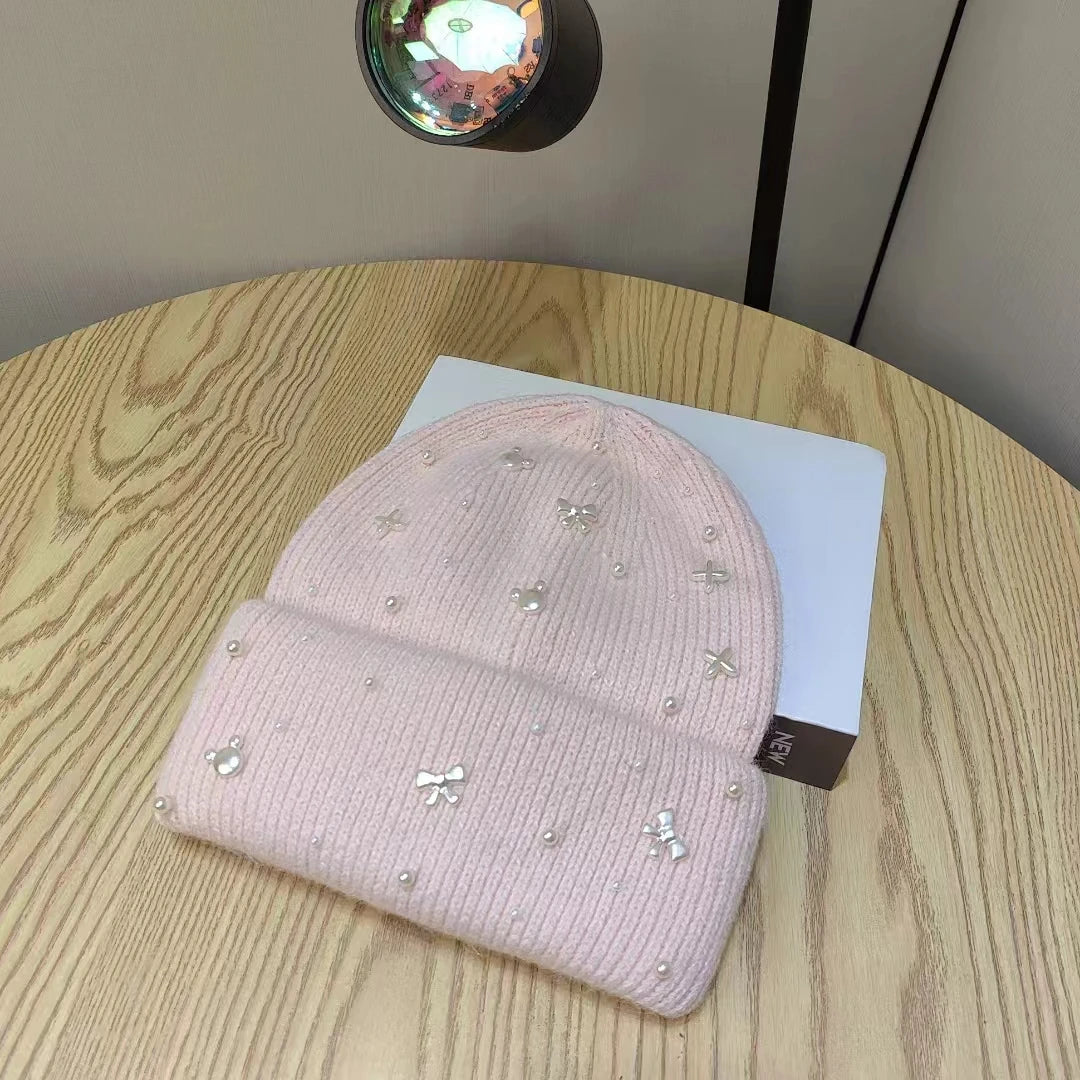 Pearl Accent Knit Winter Beanie Hat