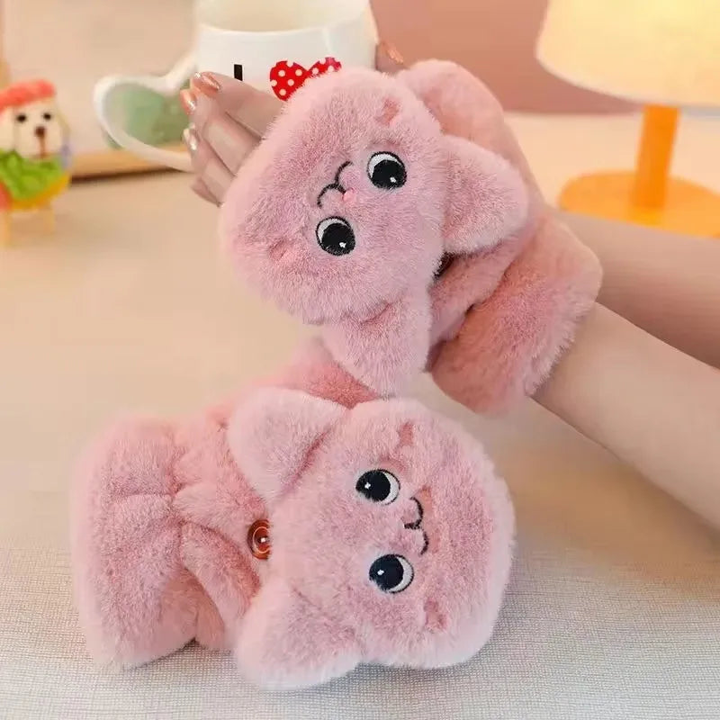 Plush Animal Fingerless Winter Gloves