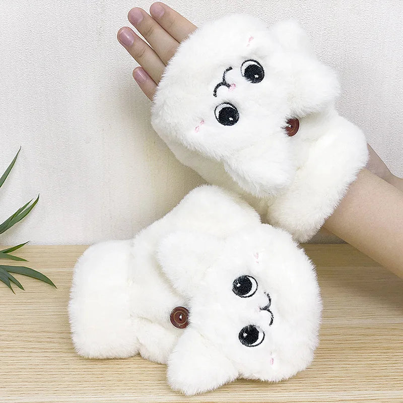 Plush Animal Fingerless Winter Gloves