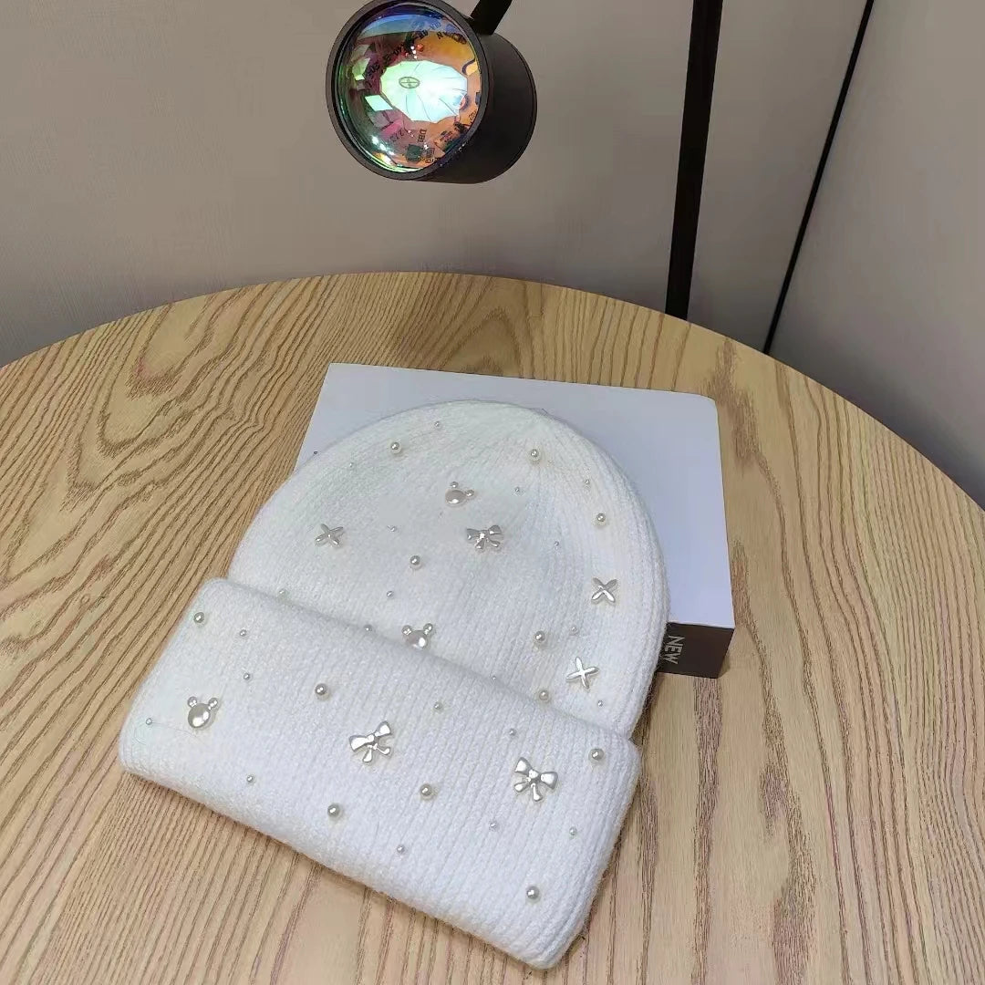 Pearl Accent Knit Winter Beanie Hat